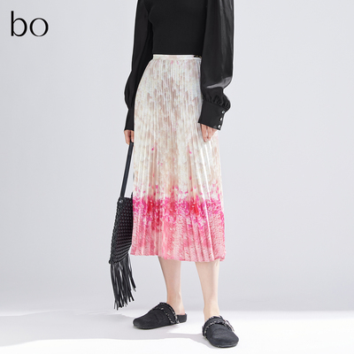 【新中式】播黑标系列印花半身裙女2024新款轻盈百褶裙BDR1BD2233