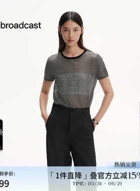 播黑白条纹航海圆领短袖针织衫女夏宽松亚麻罩衫DDS2SD5107