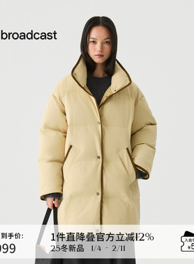 播撞色包边黄色长款立领羽绒服女冬季宽松落肩外套DDS4RD5250