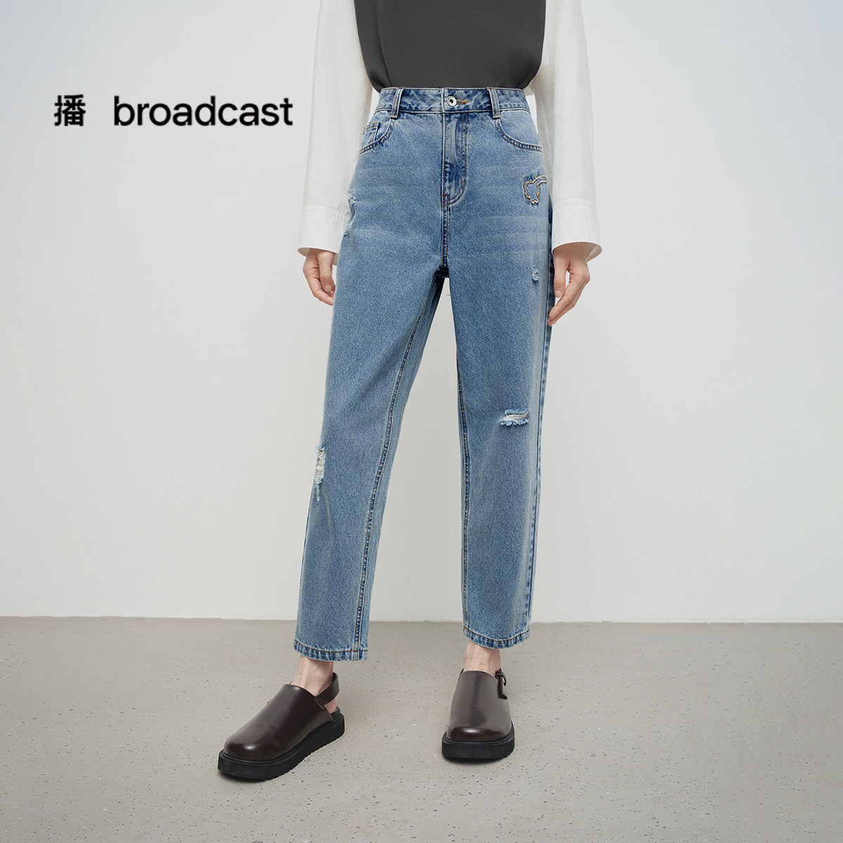 播商场同款不规则破洞牛仔裤女25春秋新款宽松长裤BDS1KD0474