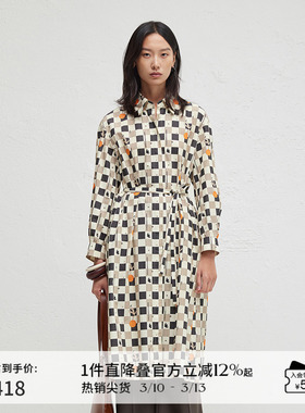 播商场同款松弛感格子翻领连衣裙女24春秋印花长裙BDR3LD3372