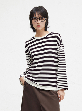 【100%羊毛】播商场同款24秋冬新休闲圆领条纹针织衫女BDR9SD4200