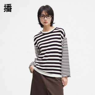 24秋冬新休闲圆领条纹针织衫 播商场同款 女BDR9SD4200 100%羊毛