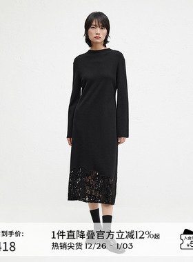 播商场同款高腰圆领连衣裙24冬新款蕾丝拼接A字摆裙子BDR4LD3435