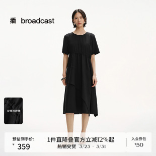 播圆领通勤风黑色短袖 不规则长裙DDS2LD5015 连衣裙女夏季