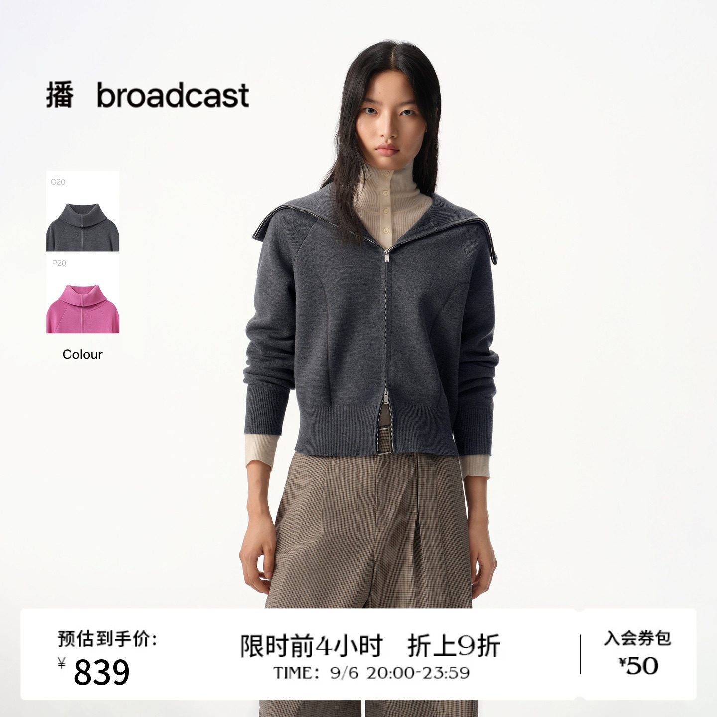 【羊毛】播冬季灰色宽松拉链针织开衫女BDS4UD3749