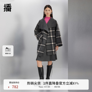 大翻领通勤休闲呢子外套BDQ4AD1189 播格纹印花大衣冬季