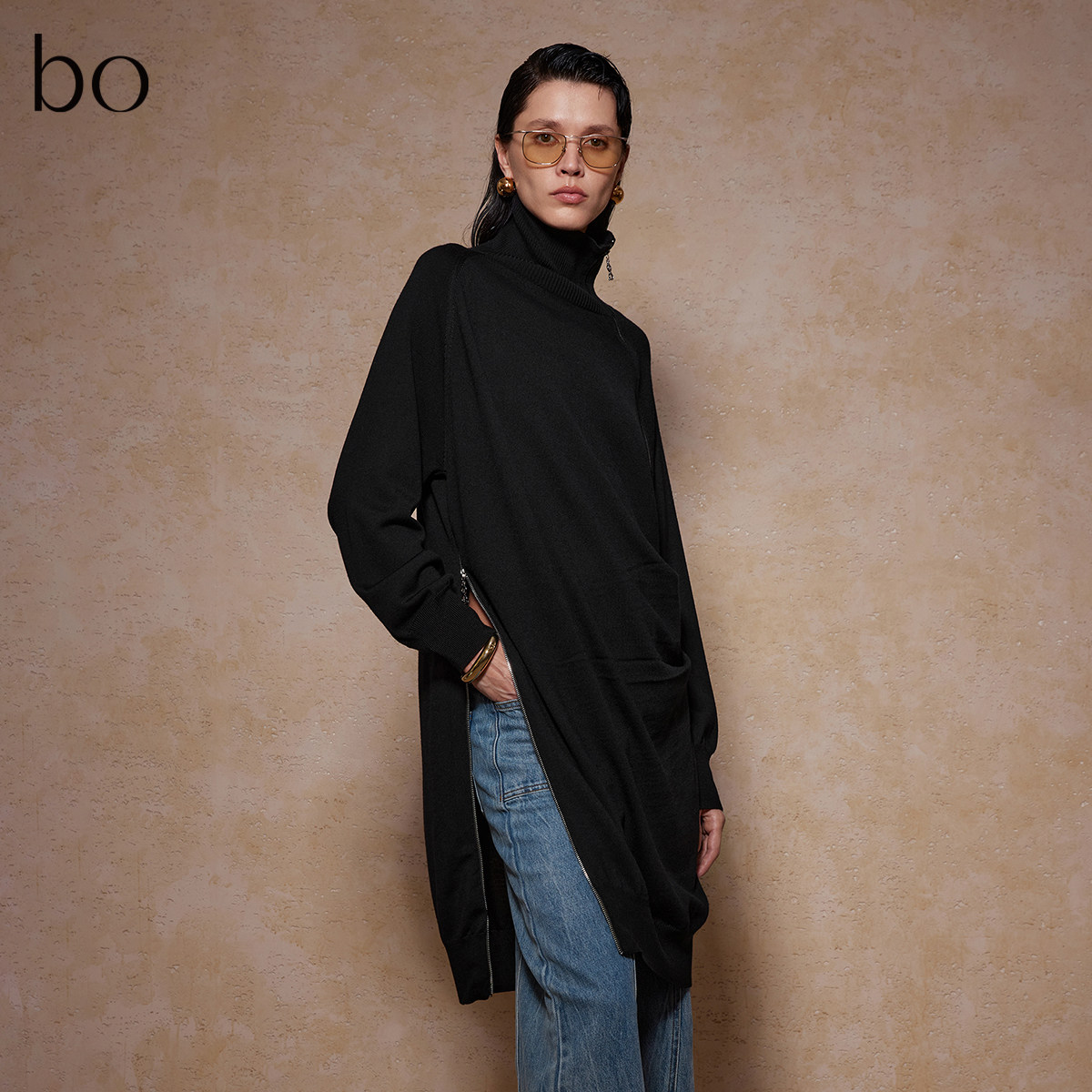 【100%羊毛】播商场同款黑标不规则下摆24冬连衣裙女BDR4LD2405