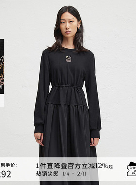 播冬季黑色刺绣连衣裙女收腰显瘦圆领长裙DDR4LD5102