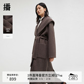 24冬毛呢外套女BDR4AD3725 复古连帽领长款 100%羊毛 播商场同款