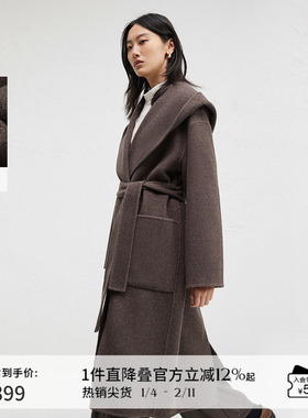 【100%羊毛】播商场同款复古连帽领长款24冬毛呢外套女BDR4AD3725