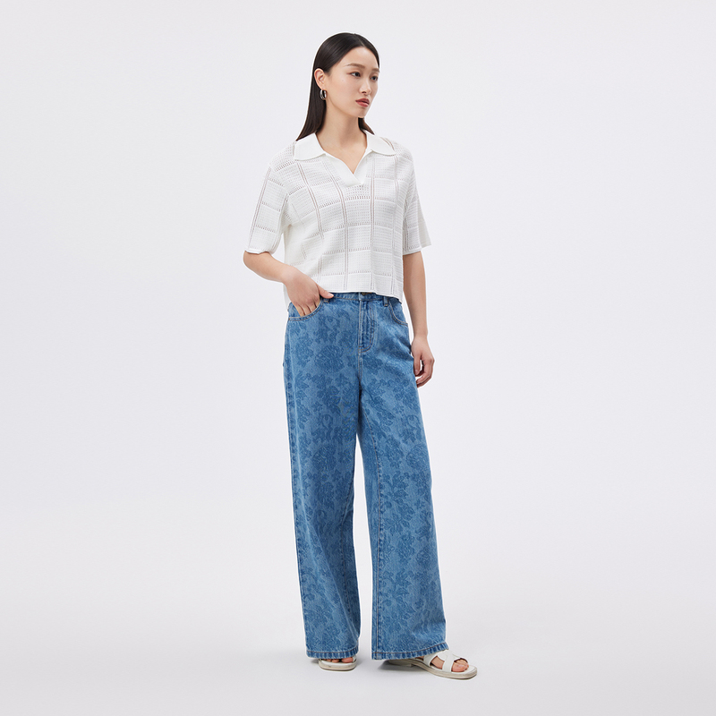 播商场同款2023夏秋显瘦V型修身方格块镂空毛针织衫女 BDQ2SD1508