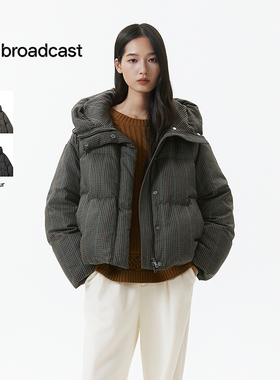 播格纹连帽短款龟背羽绒服女冬季时髦宽松保暖外套DDS4RD5230