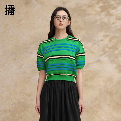 播优雅条纹针织上衣女夏季新款商场同款休闲圆领短袖BDR2SD1379