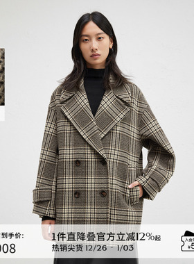 【羊毛】播商场同款双排扣复古格纹24冬新毛呢外套女BDR4AD3706