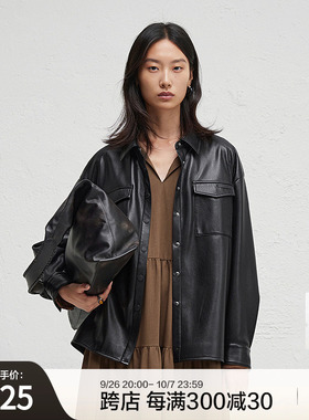 播黑色复古皮质衬衫女2024冬季新款宽松酷飒机车服外套DDR4CD5084