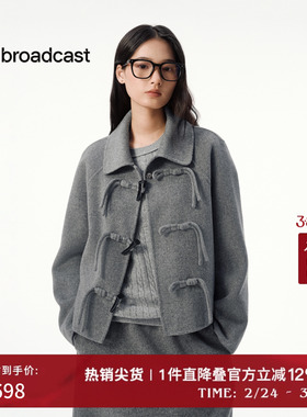 播翻领牛角扣短款灰色毛呢外套女秋冬宽松上衣DDS4AD5284