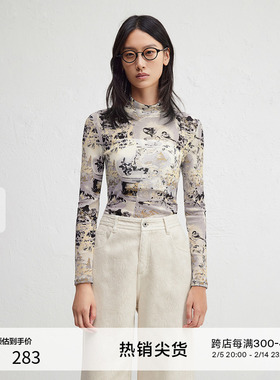 播商场同款复古印花半高领T恤女24秋冬新款修身打底衫BDR4YD3998