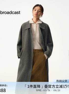 播商场同款超长款格纹牛角扣羊毛呢宽松外套女冬新款BDS4AD3876