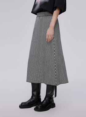 播2023春秋显瘦百搭修身小众优雅伞形细密竖条纹半裙女BDQ1BD0412