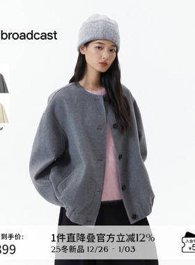 播灰色宽松圆领短款毛呢外套女冬季优雅大气上衣DDS4AD5129