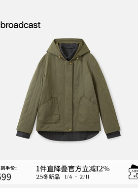 播绿色假两件拼接短外套女秋冬连帽宽松上衣DDS4PD5236