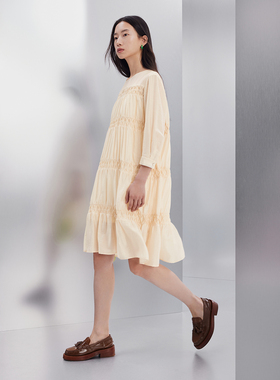 播商场同款2023秋显瘦修身A字版分层几何立体褶连衣裙 BDQ3LD0576