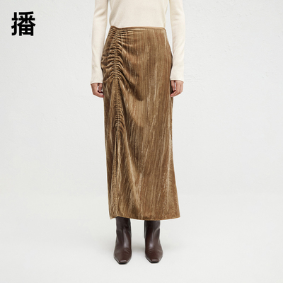 播商场同款抽褶设计丝绒半身裙女24冬季新款开叉裙子BDR4BD3454