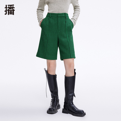 2022冬季新款宽松黑色拉链门襟复古千鸟格五分短裤女DDP4KD4798