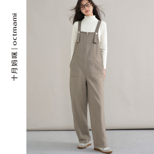 子冬装 秋冬外穿宽松遮肚托腹裤 2025新款 十月妈咪孕妇刷毛呢背带裤