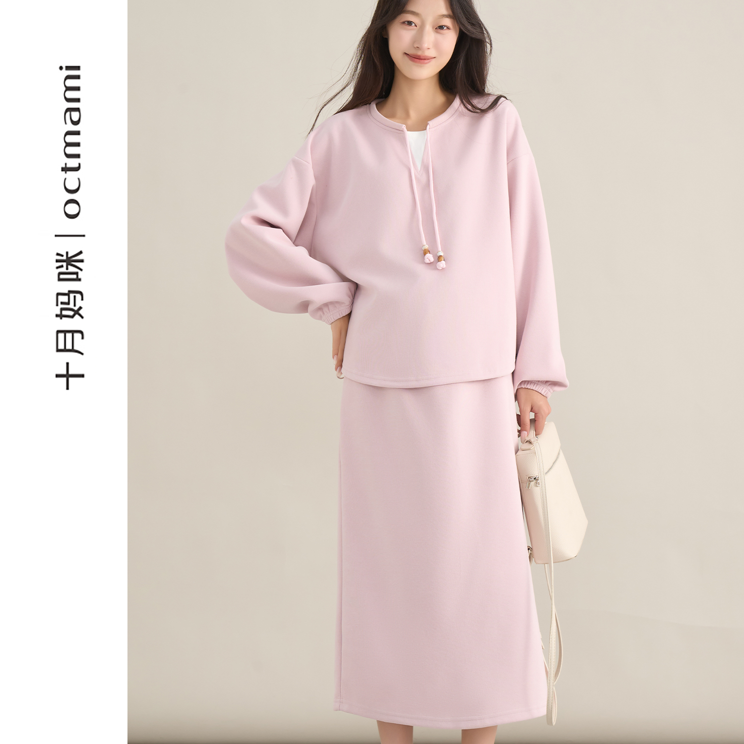 十月妈咪假两件系绳圆领套装