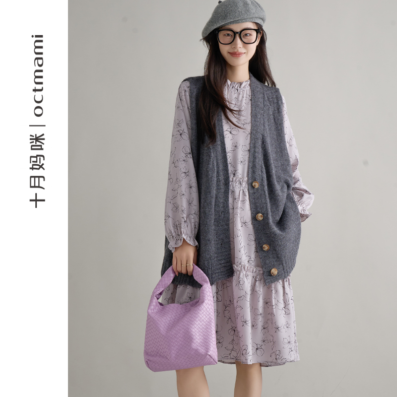 十月妈咪小立领长袖连衣裙