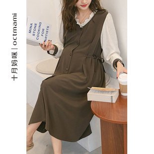 十月妈咪孕妇连衣裙春秋外穿拼接中长款 赫本风V领雪纺小黑裙春装