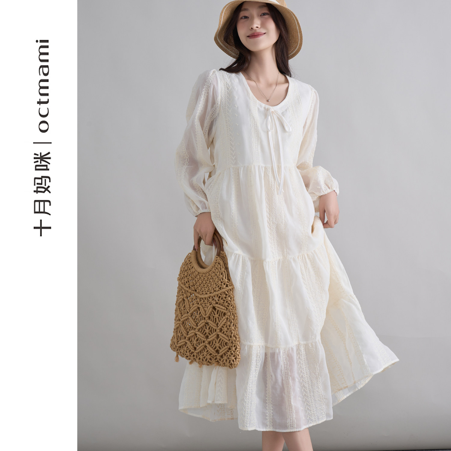 十月妈咪孕妇系带刺绣连衣裙2026新款春夏外穿宽松优雅仙女裙春装