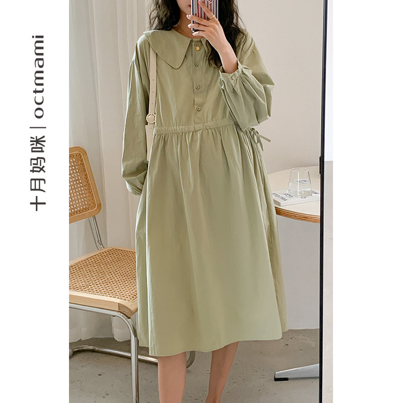 十月妈咪孕妇秋装外穿不显怀时尚娃娃领可哺乳春秋孕妇连衣裙