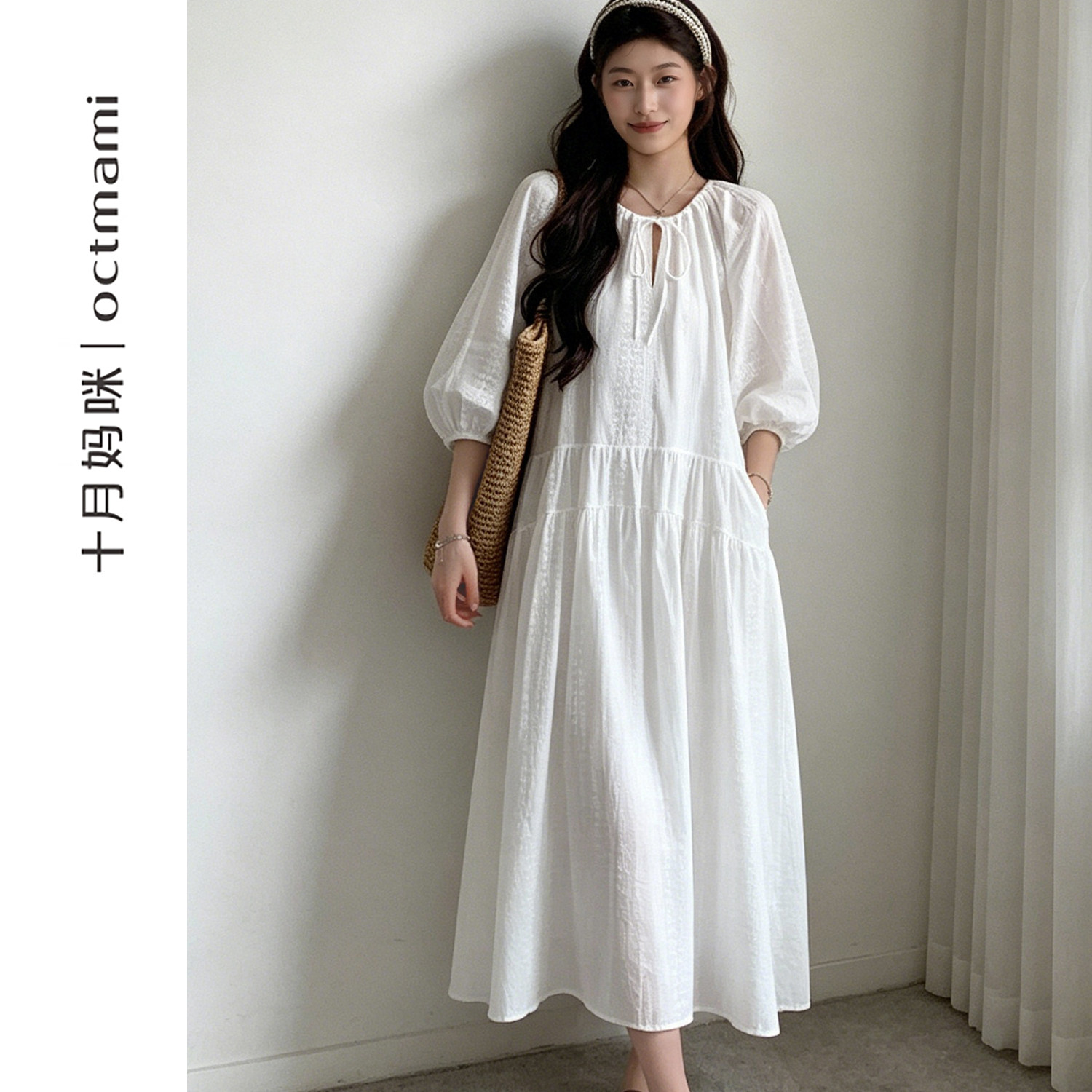 十月妈咪孕妇刺绣七分袖连衣裙2026新款夏季外穿宽松休闲仙女裙