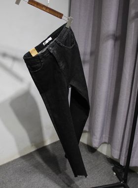 NSBS牌外贸原单黑蓝色弹性毛边裤脚修身高腰女牛仔裤小脚裤铅笔裤