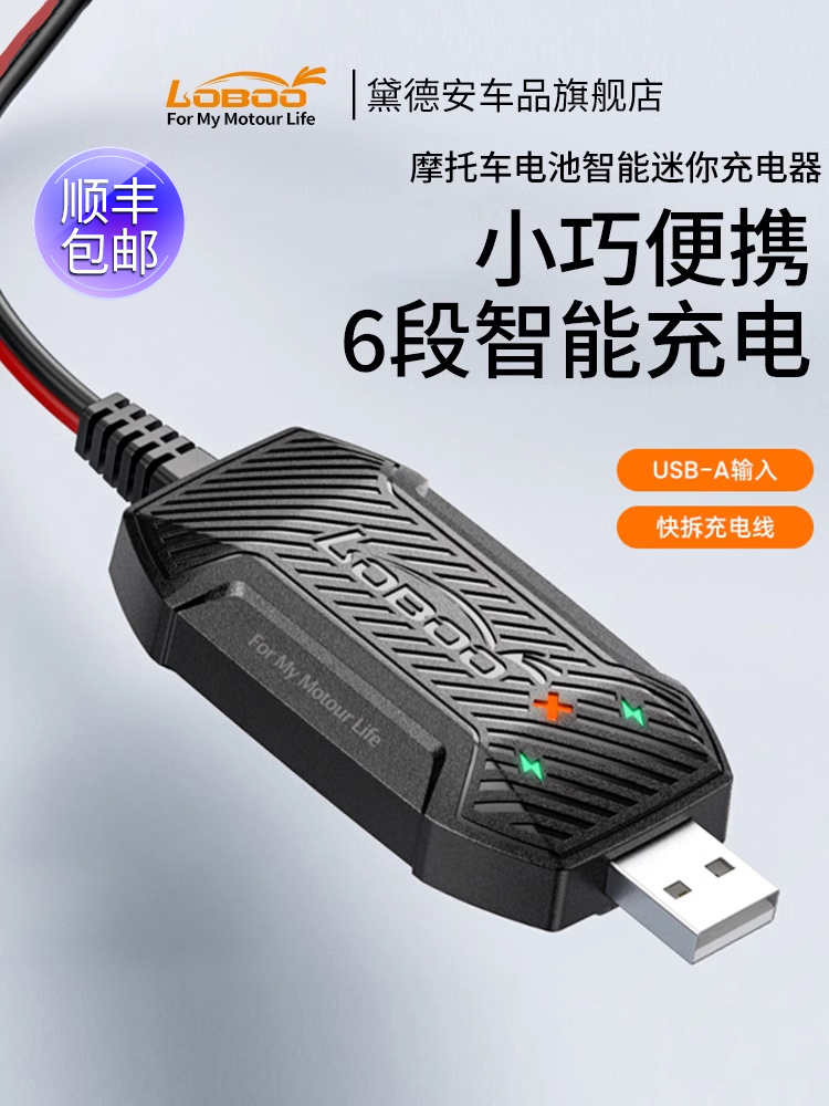 LOBOO萝卜摩托车12v电池电瓶充电器USB便携智能快充蓄电池通用型