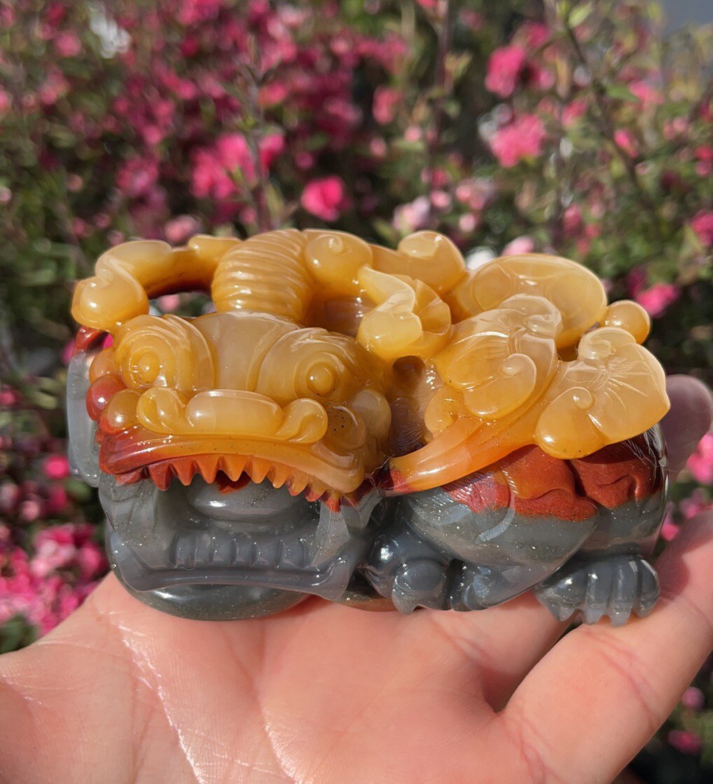 杨玉家云南天然黄龙玉三色金沙老料精雕霸王貔貅手玩摆件证书包邮