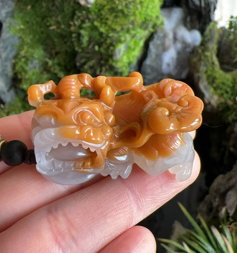 杨玉家天然黄龙玉冰种双色阴阳眼耳霸王貔貅车钥匙包包挂件证书新