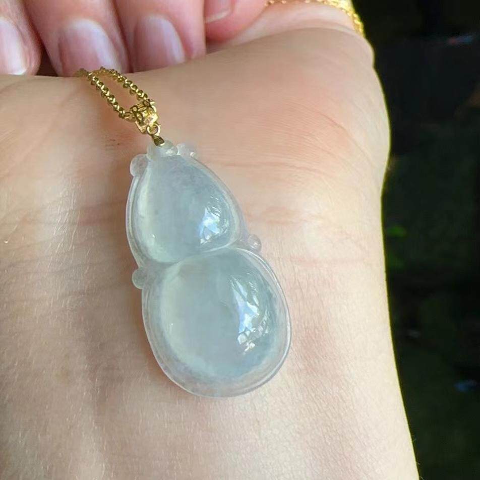 杨玉家缅甸天然A货翡翠冰种葫芦18K黄金扣头银链子锁骨吊坠证书新