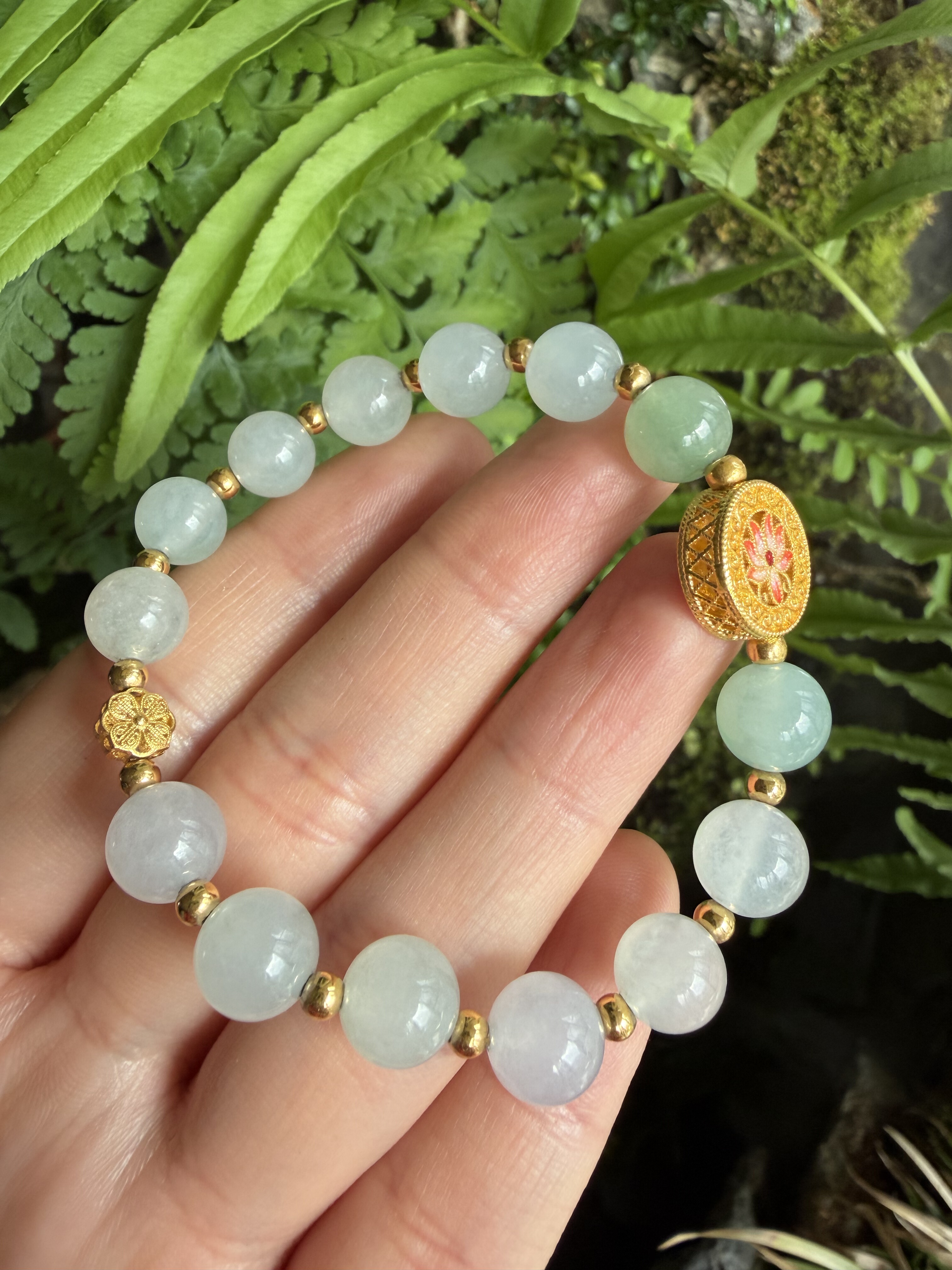 杨玉家缅甸天然A货翡翠8MM冰种圆珠足金双面莲花女士手串送礼新品