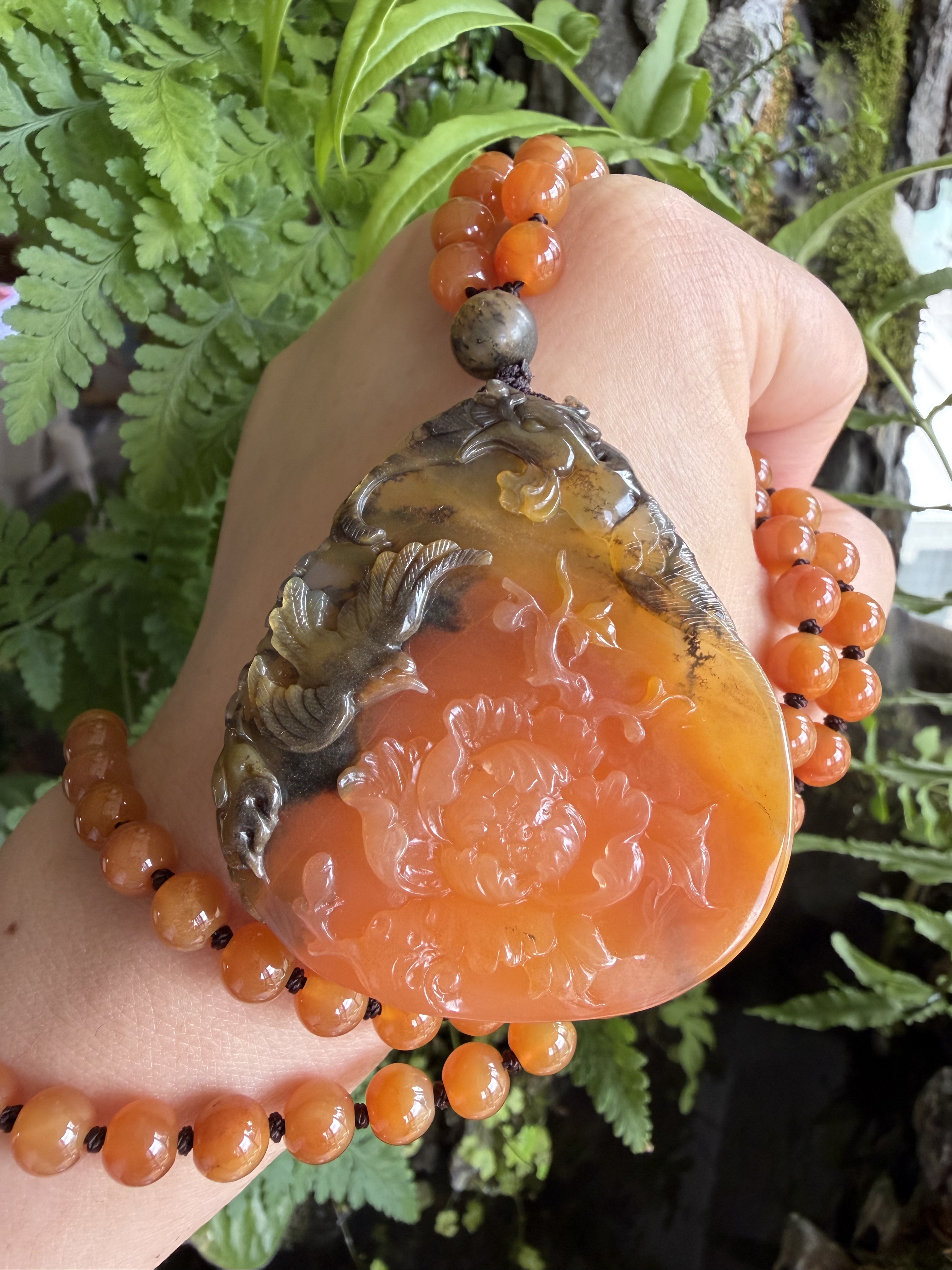 杨玉家云南天然黄龙玉水草花桥色精雕橙黄老料凤凰牡丹毛衣链证书