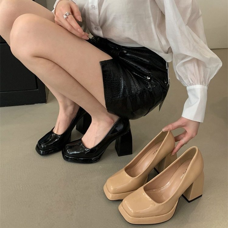 2025早春季小个子增高方头防水台漆皮粗跟超高跟鞋浅口单鞋女鞋子,女鞋,浅口单鞋,淘宝优惠券,粉丝福利购,淘宝优惠卷