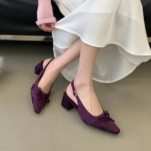 2026早春夏季新款细跟高跟鞋尖头蝴蝶结后绊带绸缎面女单鞋凉鞋