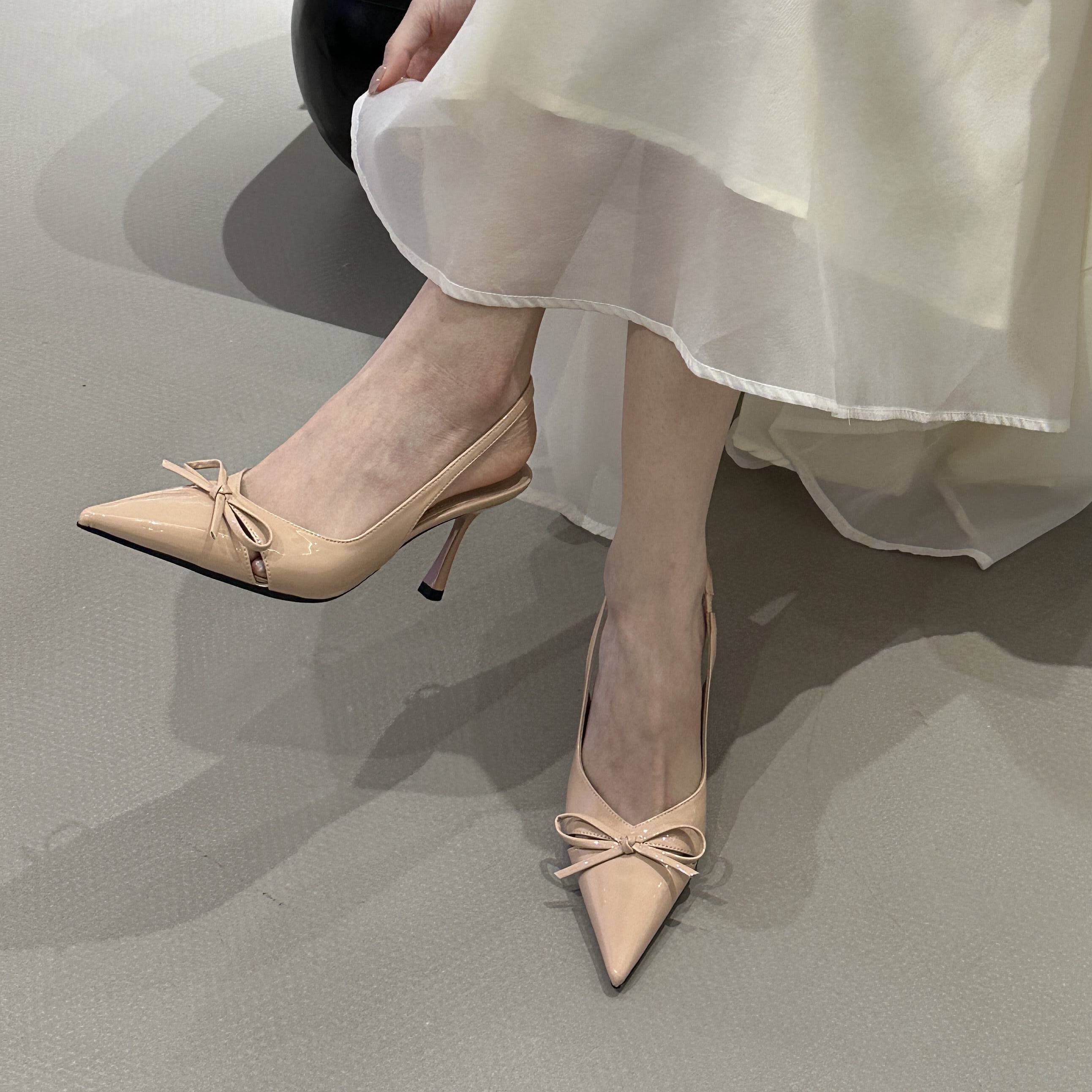 2026早春夏季新款细跟高跟鞋漆皮蝴蝶结后空绊带浅口单鞋女凉鞋子,淘宝优惠券,粉丝福利购,淘宝优惠卷