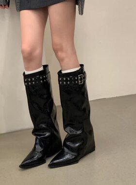 秋冬尖头坡跟厚底绒面骑士长靴女