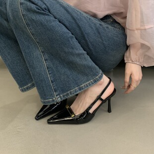 2025春夏新款 轻奢金属扣通勤浅口女单鞋 子凉鞋 尖头漆皮细跟高跟鞋