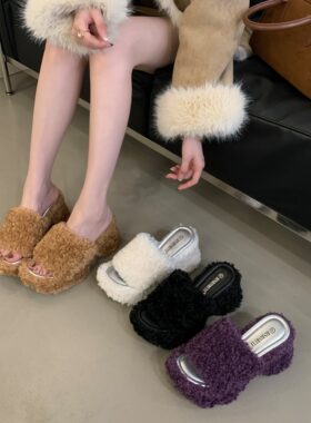 秋冬羊羔毛坡跟增高女凉拖