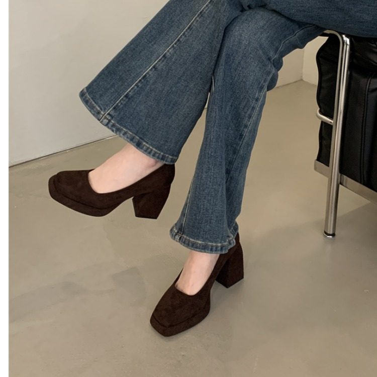 2025早春季小个子增高厚底防水台绒面粗跟超高跟鞋浅口单鞋女鞋子,女鞋,浅口单鞋,淘宝优惠券,粉丝福利购,淘宝优惠卷